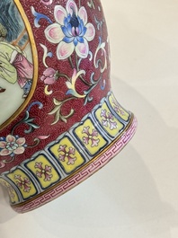 A fine Chinese famille rose ruby-sgraffito-ground 'Hai Wu Tian Shou 海屋添壽' vase with 'chilong' handles, Qianlong mark and of the period