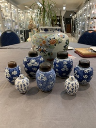 A Chinese wucai vase and seven blue and white jarlets, 19th C.