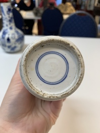 Three Chinese blue and white vases with antiquities, dragons and figures, 19th C.