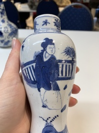 Three Chinese blue and white vases with antiquities, dragons and figures, 19th C.