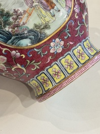 A fine Chinese famille rose ruby-sgraffito-ground 'Hai Wu Tian Shou 海屋添壽' vase with 'chilong' handles, Qianlong mark and of the period