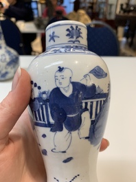 Three Chinese blue and white vases with antiquities, dragons and figures, 19th C.