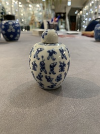 A Chinese wucai vase and seven blue and white jarlets, 19th C.