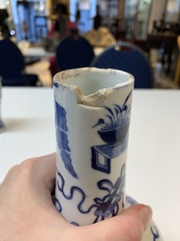 Three Chinese blue and white vases with antiquities, dragons and figures, 19th C.