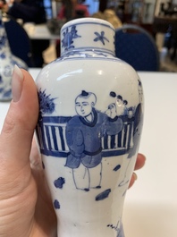 Three Chinese blue and white vases with antiquities, dragons and figures, 19th C.