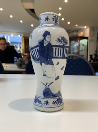Three Chinese blue and white vases with antiquities, dragons and figures, 19th C.