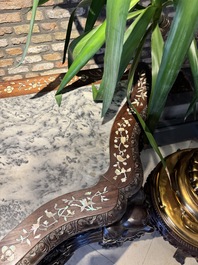 A finely carved Chinese hongmu console table with marble top and mother-of-pearl inlay, Canton, 19th C.