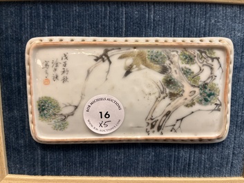 A Chinese grisaille 'orchid' cup, two snuff dishes, a famille rose seal paste box and a qianjiang cai plaque, 19/20th C.
