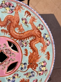 A pair of Chinese famille rose turquoise-ground 'dragon' garden seats, Republic