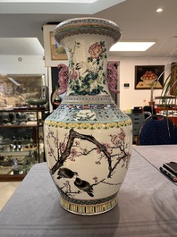 A Chinese famille rose 'magpies and plum blossoms' vase on wooden stand, 19th C.