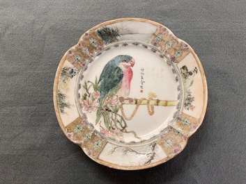 A Chinese famille rose 'parrot' plate and a turquoise-ground 'dragon' bowl, Daoguang mark and of the period