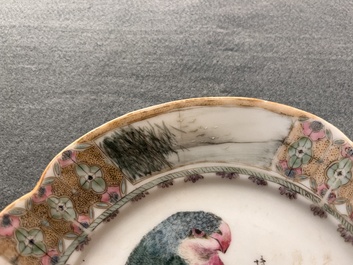 A Chinese famille rose 'parrot' plate and a turquoise-ground 'dragon' bowl, Daoguang mark and of the period