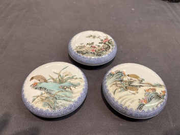 Three Chinese famille rose 'bird and flower' seal paste boxes, Qianlong mark, 20th C.