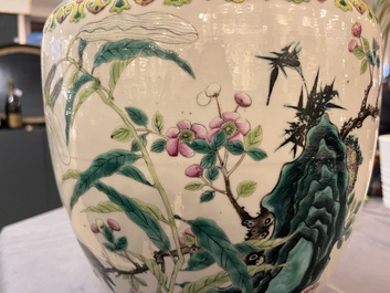 A Chinese famille rose 'magpies and plum blossoms' vase on wooden stand, 19th C.