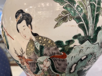 A Chinese famille verte vase and cover mounted as a lamp, 19th C.