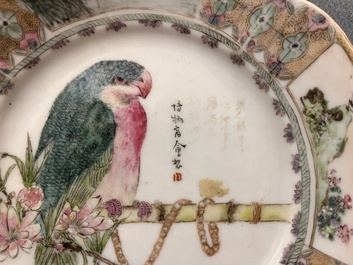 A Chinese famille rose 'parrot' plate and a turquoise-ground 'dragon' bowl, Daoguang mark and of the period