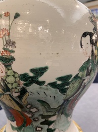 A Chinese famille verte vase and cover mounted as a lamp, 19th C.