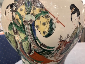 A Chinese famille verte vase and cover mounted as a lamp, 19th C.