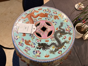A pair of Chinese famille rose turquoise-ground 'dragon' garden seats, Republic