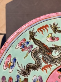 A pair of Chinese famille rose turquoise-ground 'dragon' garden seats, Republic