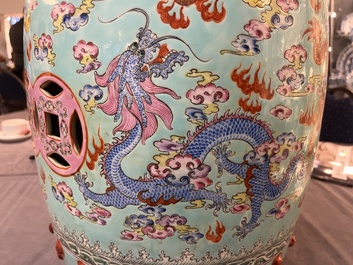 A pair of Chinese famille rose turquoise-ground 'dragon' garden seats, Republic