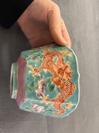 A Chinese famille rose 'parrot' plate and a turquoise-ground 'dragon' bowl, Daoguang mark and of the period