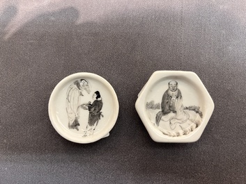 A Chinese grisaille 'orchid' cup, two snuff dishes, a famille rose seal paste box and a qianjiang cai plaque, 19/20th C.