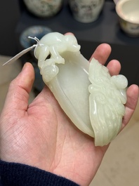 A Chinese white jade 'monkey and lingzhi' brush washer, 19/20th C.