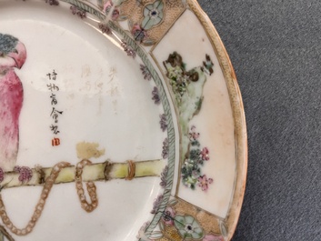 A Chinese famille rose 'parrot' plate and a turquoise-ground 'dragon' bowl, Daoguang mark and of the period