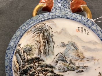 A Chinese famille rose 'landscape' 'hu' vase, signed Guiying 桂英, Jingdezhen mark, 20th C.