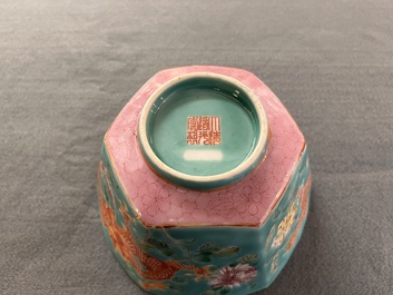 A Chinese famille rose 'parrot' plate and a turquoise-ground 'dragon' bowl, Daoguang mark and of the period