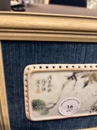 A Chinese grisaille 'orchid' cup, two snuff dishes, a famille rose seal paste box and a qianjiang cai plaque, 19/20th C.