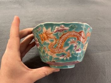 A Chinese famille rose 'parrot' plate and a turquoise-ground 'dragon' bowl, Daoguang mark and of the period