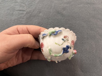A Chinese famille rose 'rooster' teapot with applied floral design and a cup, Yongzheng/Qianlong