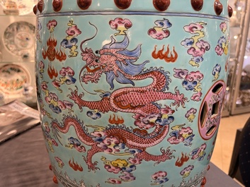 A pair of Chinese famille rose turquoise-ground 'dragon' garden seats, Republic