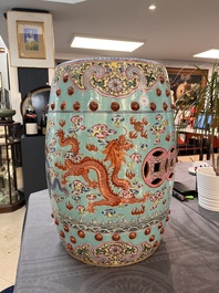 A pair of Chinese famille rose turquoise-ground 'dragon' garden seats, Republic