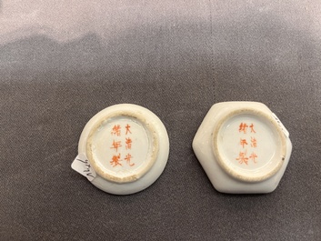 A Chinese grisaille 'orchid' cup, two snuff dishes, a famille rose seal paste box and a qianjiang cai plaque, 19/20th C.