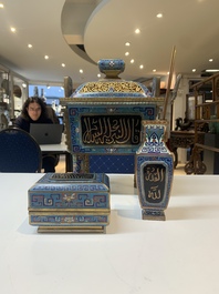 A Chinese cloisonn&eacute; covered censer, a vase with incense tools and a covered box with Arabic inscriptions, Republic