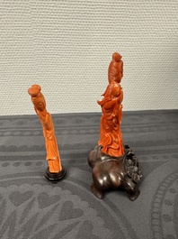 Two Chinese red coral sculptures of ladies on wooden stand, 19/20th C.