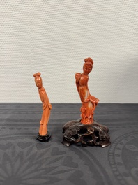 Two Chinese red coral sculptures of ladies on wooden stand, 19/20th C.