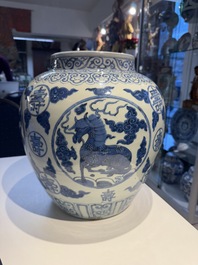 A large Chinese blue and white 'mythical creatures' jar, 'guan', Jiajing/Wanli