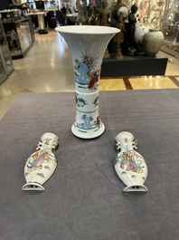 A pair of Chinese famille rose wall vases and a 'gu' vase, 19/20th C.