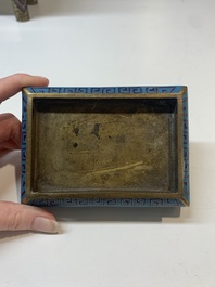 A Chinese cloisonn&eacute; covered censer, a vase with incense tools and a covered box with Arabic inscriptions, Republic