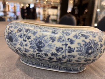 A very rare Chinese blue and white oval box with inner liner and cover, Ming, 15th C.