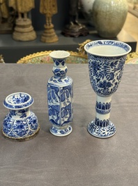 A Chinese blue and white goblet, a salt and a vase, Kangxi