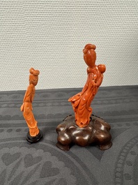 Two Chinese red coral sculptures of ladies on wooden stand, 19/20th C.