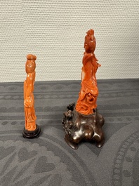 Two Chinese red coral sculptures of ladies on wooden stand, 19/20th C.