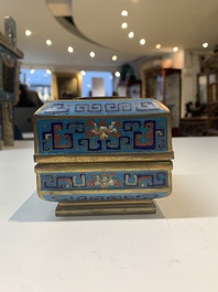 A Chinese cloisonn&eacute; covered censer, a vase with incense tools and a covered box with Arabic inscriptions, Republic