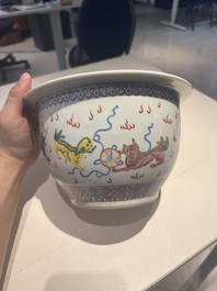 A Chinese famille rose vase, a jardini&egrave;re and a dish, Qianlong and Guangxu marks, 20th C.
