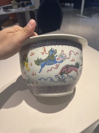 A Chinese famille rose vase, a jardini&egrave;re and a dish, Qianlong and Guangxu marks, 20th C.
